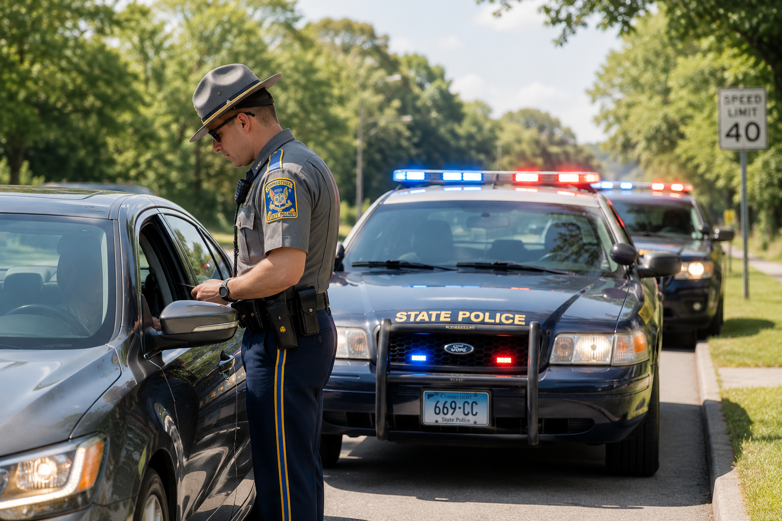 State police officer conducting a traffic stop with patrol car lights on for the Off the Clock podcast Street Law segment
