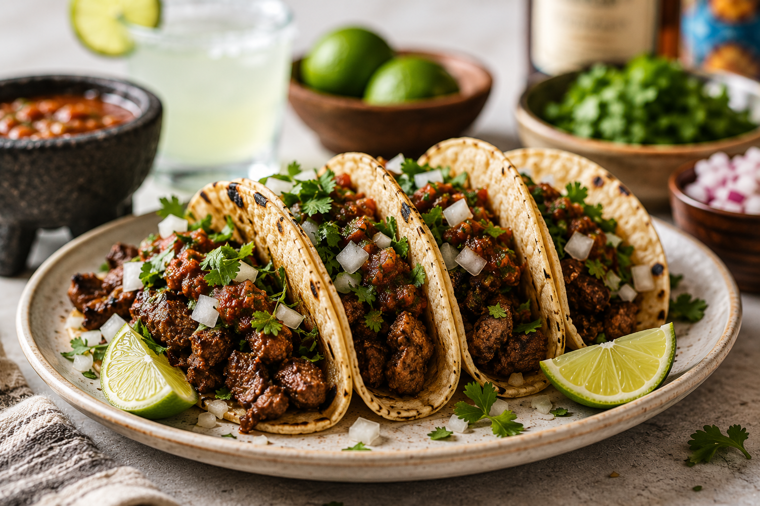 Plate of street tacos with lime, cilantro, and salsa for the Off the Clock podcast Taco Tuesday segment
