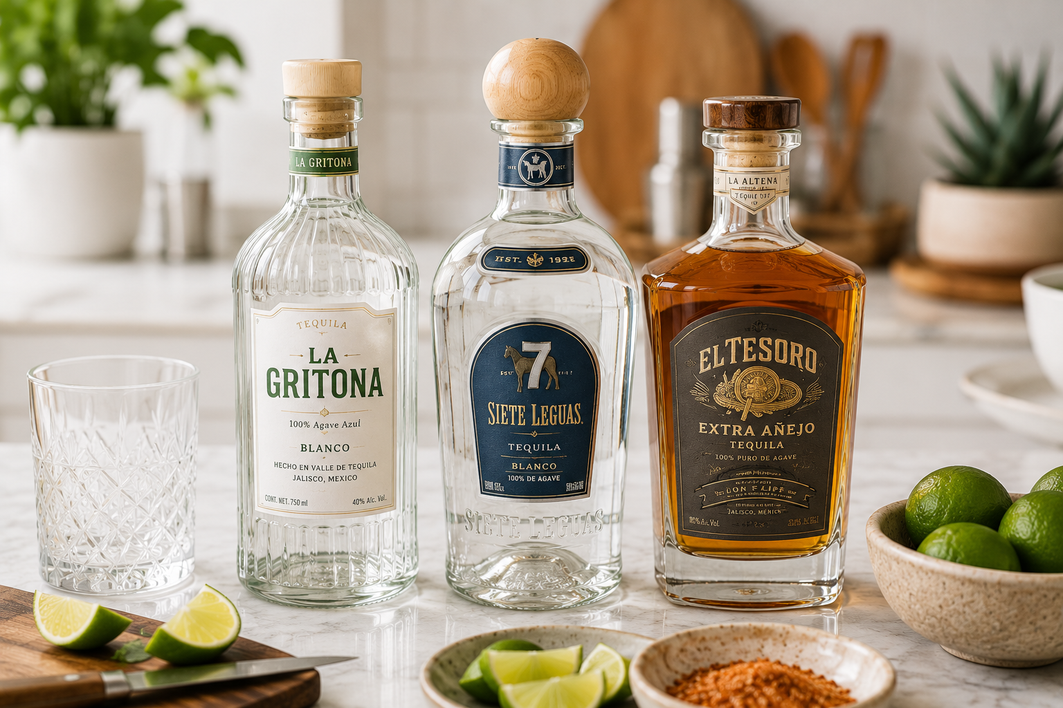 Three bottles of tequila on a counter for the Off the Clock podcast The Pour segment